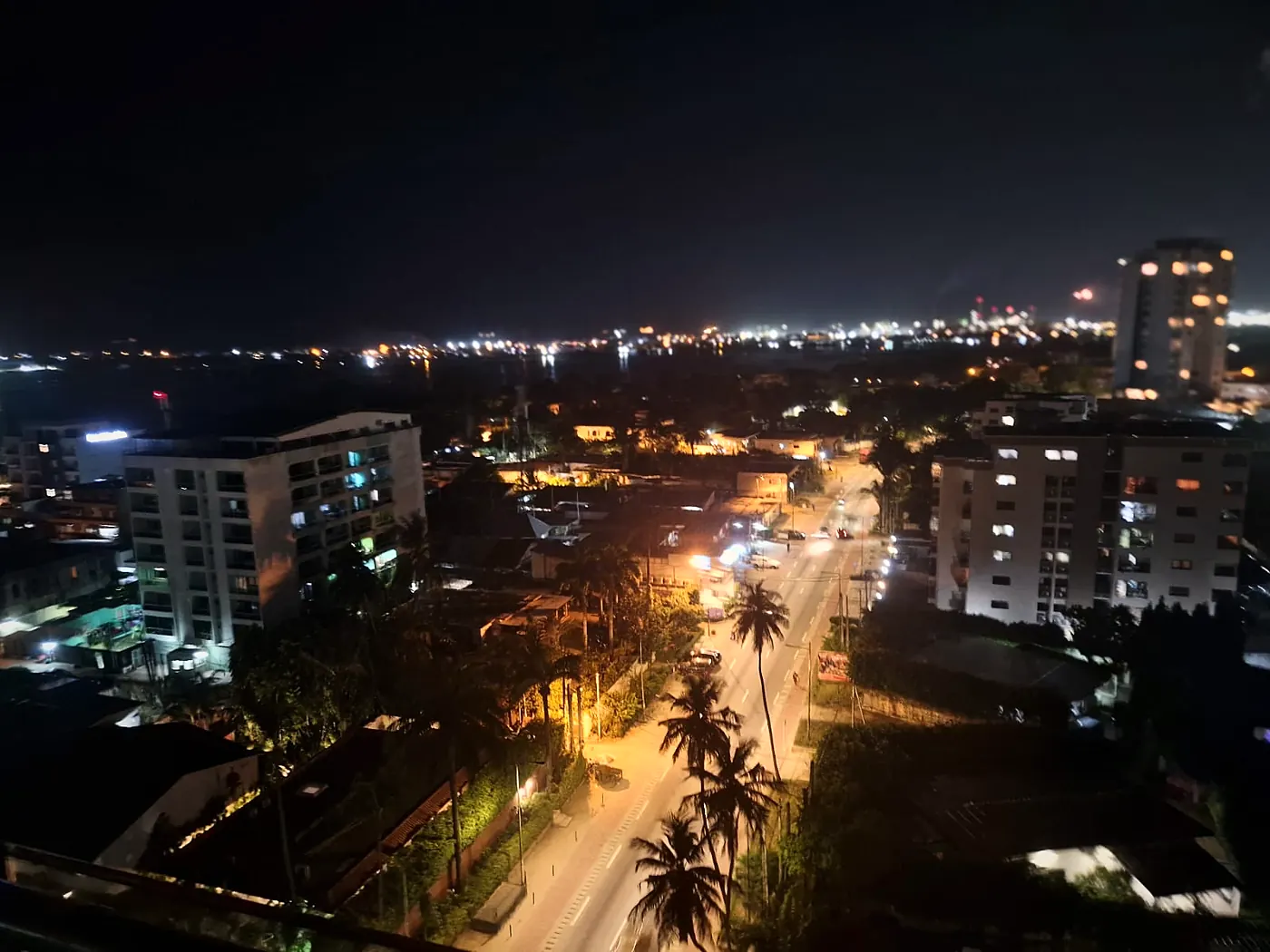 Une avenue bordée de palmiers, illuminée, vue depuis le toit